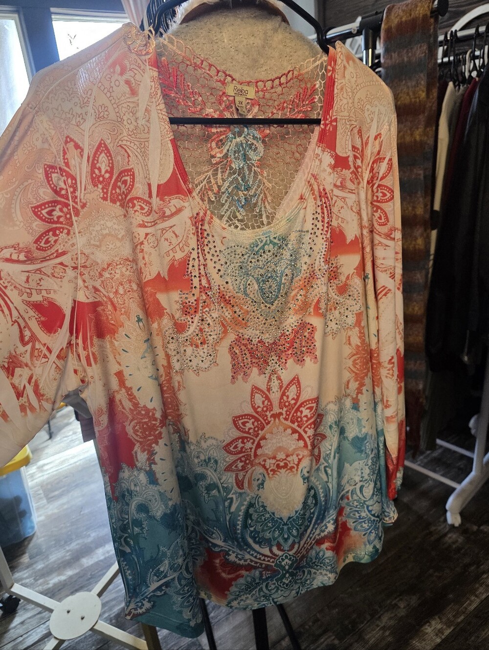 Reba Coral & Teal Paisley Embellished Women's Top 3X